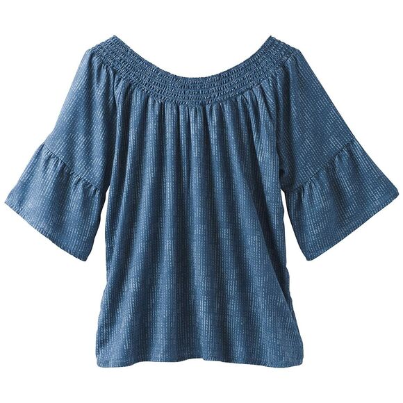 New Womens NWT S Blue PrAna Top Cotton SS Off Shoulder Organic Casual Chryssa - Picture 2 of 6